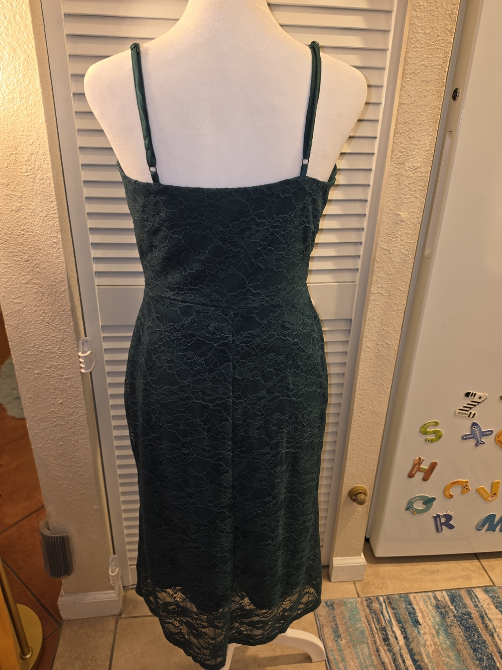 AUW Vintage Dark Green Bodic Slip Dress With Lace & Delicate Bow Size Large - Picture 5 of 11